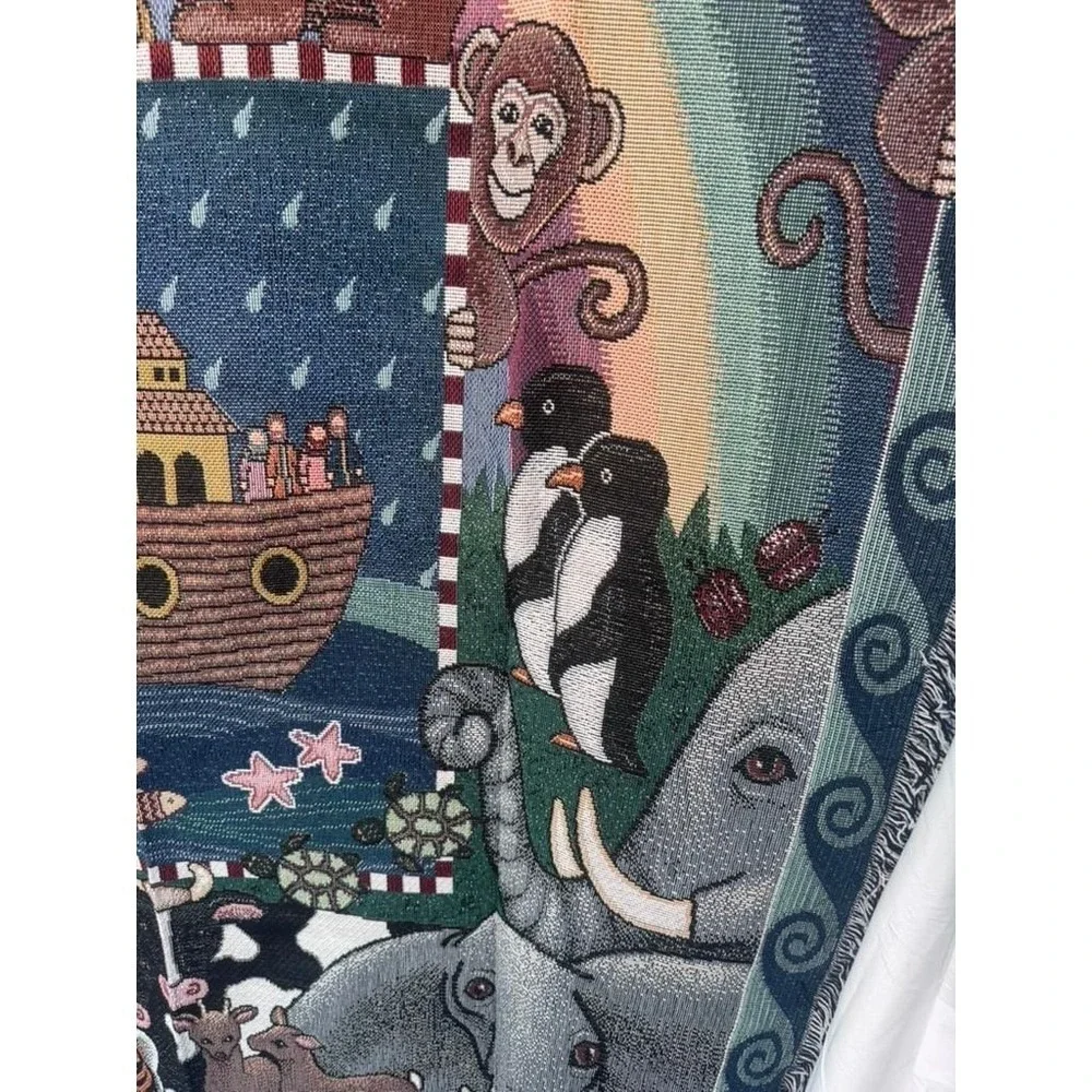 Vintage Folkart‎ American Weavers Noah's Ark Tapestry Throw Blanket Americana